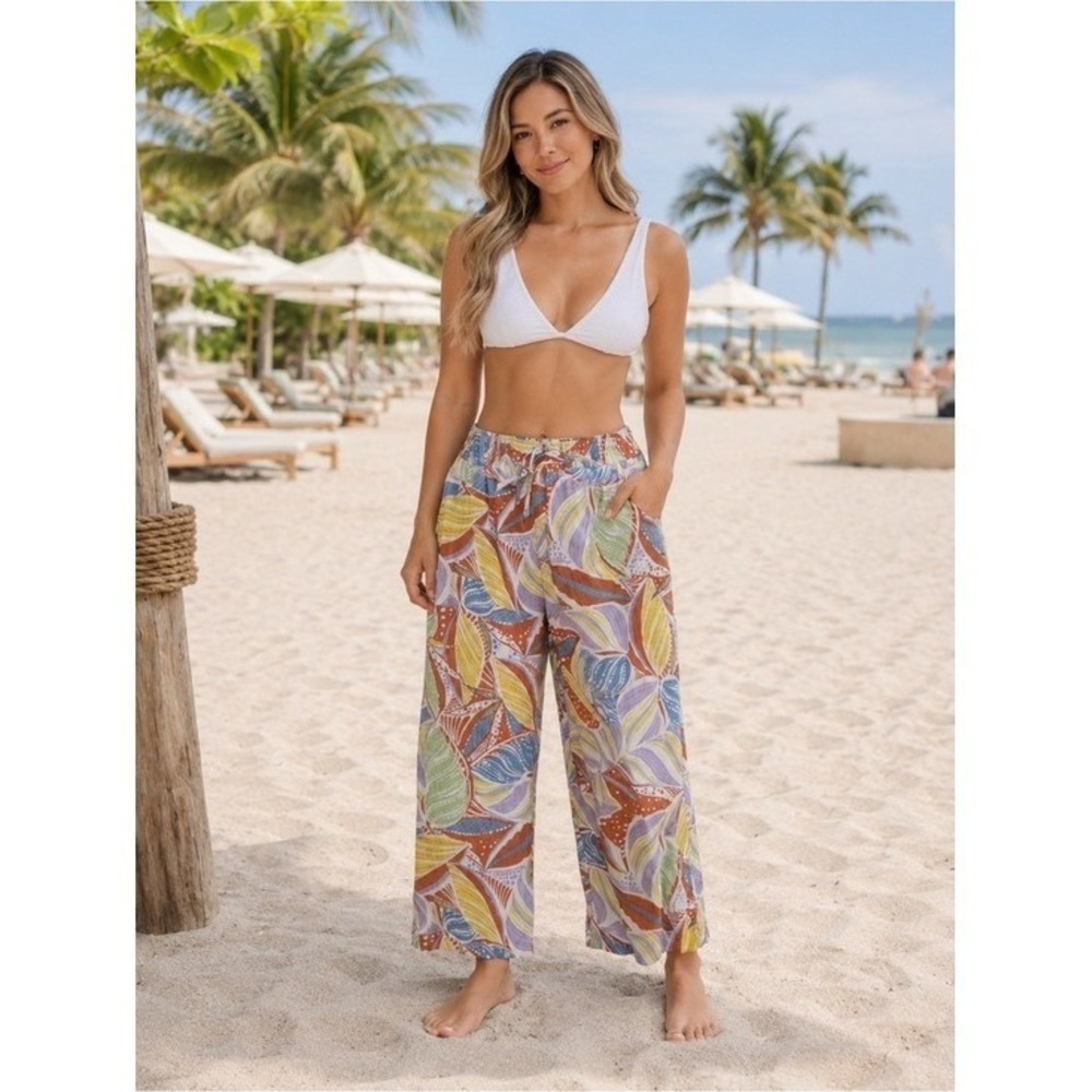 C&C California Wide Leg L 100% Linen Pants Beachy Boho Resort Euro Tropical FL